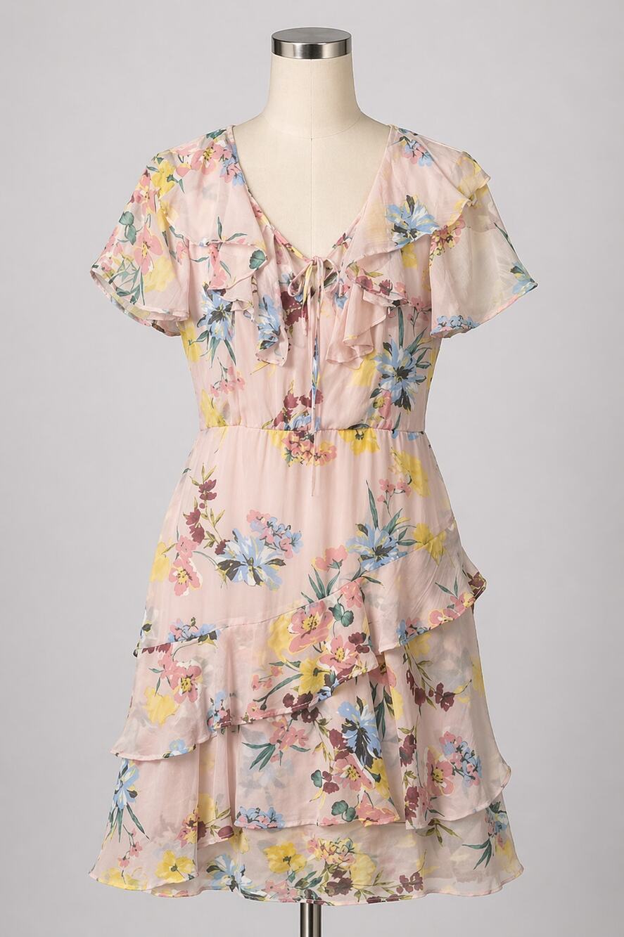 Anthropologie | Floral Print Pink Flowing Dress Boho Med